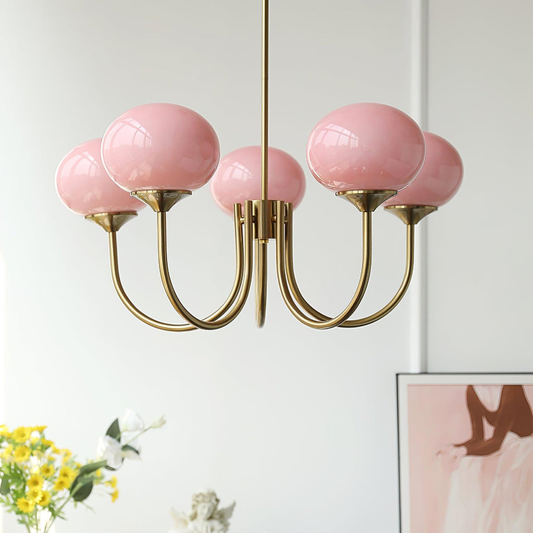 Rosa Kronleuchter mit goldenen Armen, modernes Design, Wohnzimmerbeleuchtung, Glaslampen.