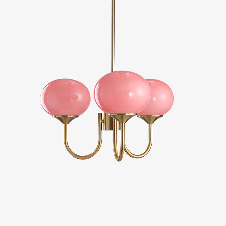 Rosa Kronleuchter mit goldenen Armen, modernes Design, Glaslampen, Wohnzimmerbeleuchtung.