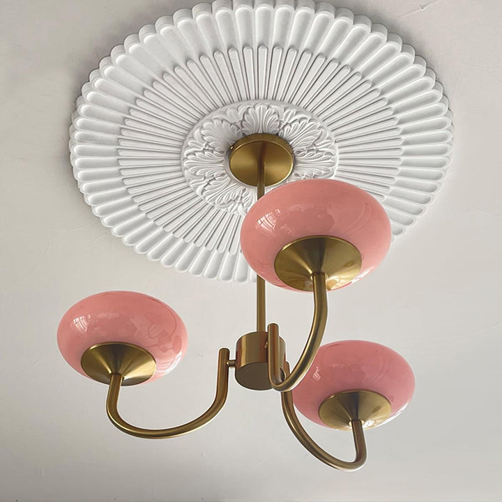 Rosa Kronleuchter mit goldenen Armen, Deckenrosette, modernes Design, Wohnzimmerbeleuchtung.
