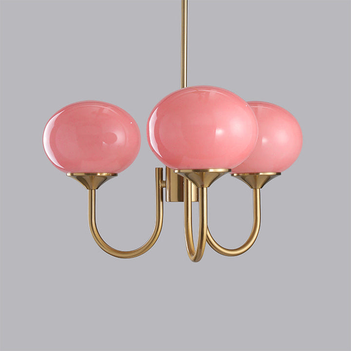 Rosa Kronleuchter mit goldenen Armen, Glaslampen, modernes Design, Wohnzimmerbeleuchtung.