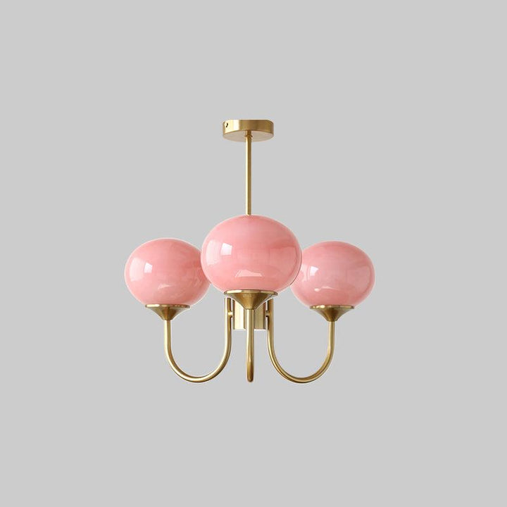 Rosa Kronleuchter mit drei Glaskugeln, goldene Halterung, modernes Design, Wohnzimmerbeleuchtung.