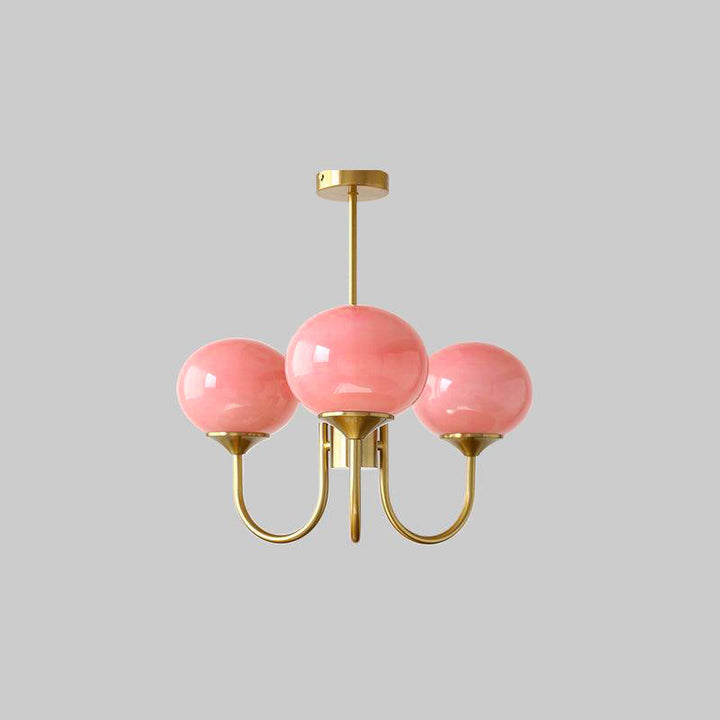 Rosa Kronleuchter mit drei Glaskugeln, goldene Halterung, modernes Design, Wohnzimmerbeleuchtung.