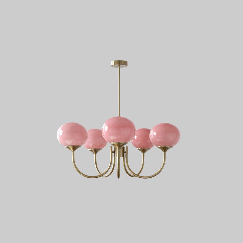 Rosa Kronleuchter mit goldenen Armen, Glaslampen, modernes Design, Wohnzimmerbeleuchtung.