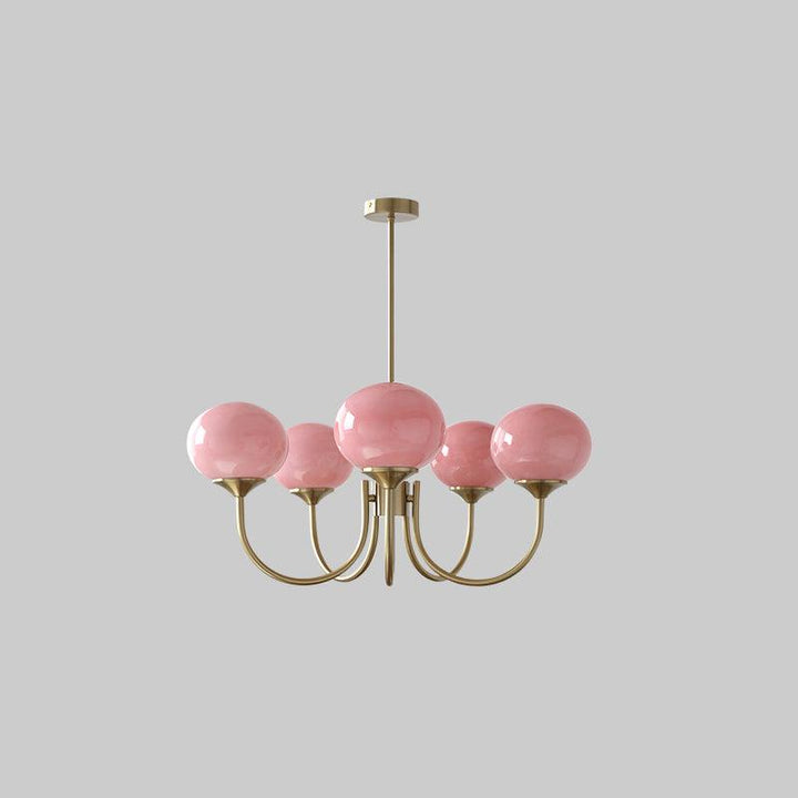Rosa Kronleuchter mit goldenen Armen, Glaslampen, modernes Design, Wohnzimmerbeleuchtung.