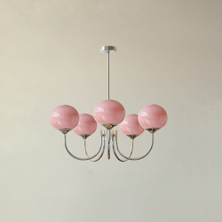 Rosa Kronleuchter mit fünf Glaskugeln, modernes Design, Metallgestell, Wohnzimmerbeleuchtung.