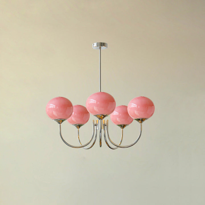 Rosa Kronleuchter mit fünf Glaskugeln, modernes Design, Wohnzimmerbeleuchtung.