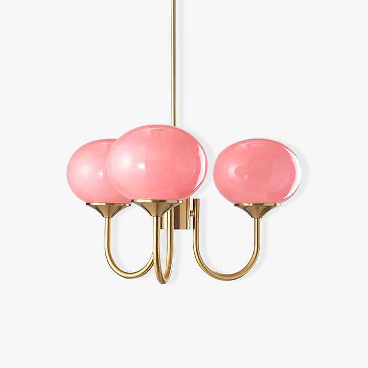 Rosa Glas-Kronleuchter mit Messinggestell, modernes Design, Wohnzimmerbeleuchtung.