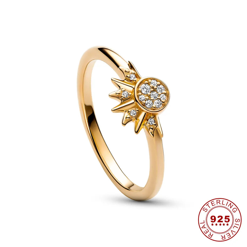 Goldener Sonnenring mit Zirkonia, 925 Sterling Silber, Damen Schmuck, elegantes Design.