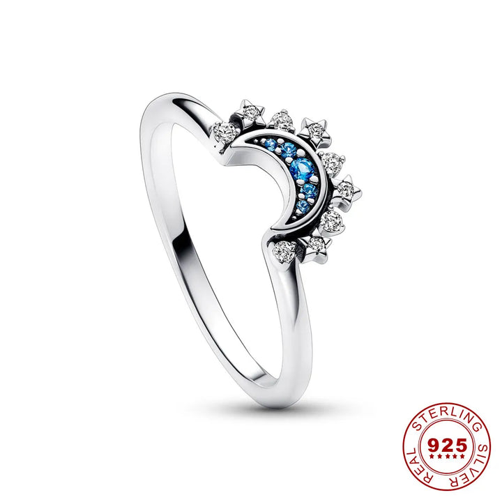 Silberring mit Halbmond-Design, blauen und klaren Steinen, 925 Sterling Silber, Damen-Schmuck.
