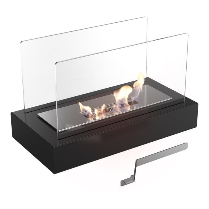 Schwarzer Bioethanol-Kamin mit Glaswänden, modernes Design, umweltfreundlich, Tischkamin.