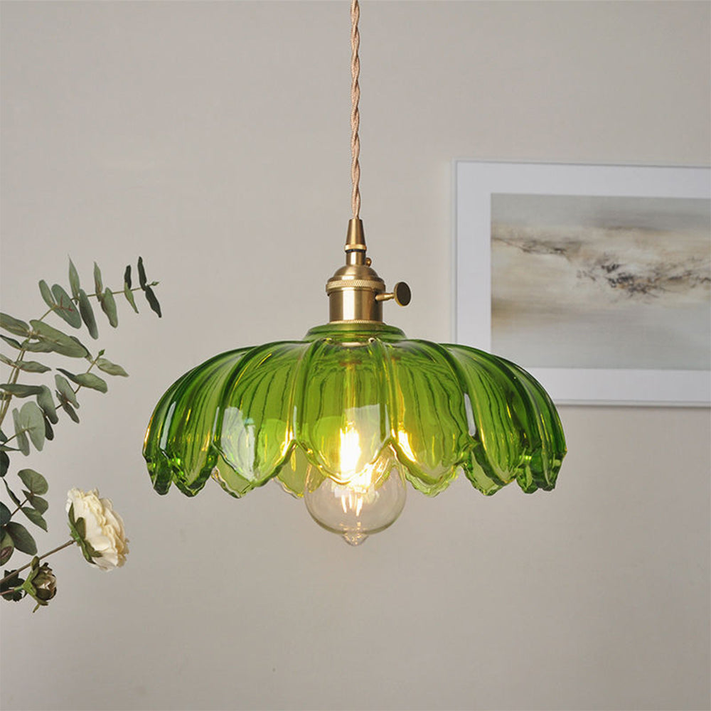 Vintage Glas Blumen Hängelampe mit Kupferfassung