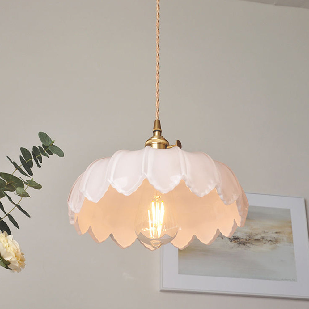 Vintage Glas Blumen Hängelampe mit Kupferfassung