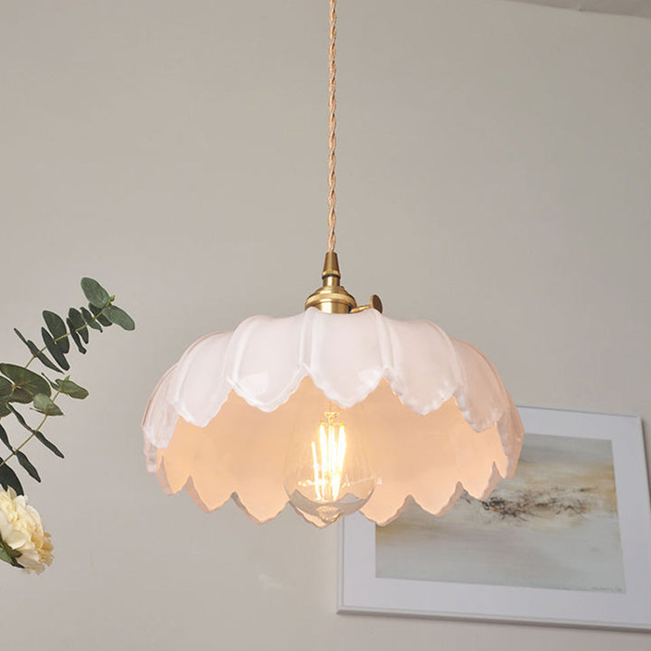Vintage Glas Blumen Hängelampe mit Kupferfassung