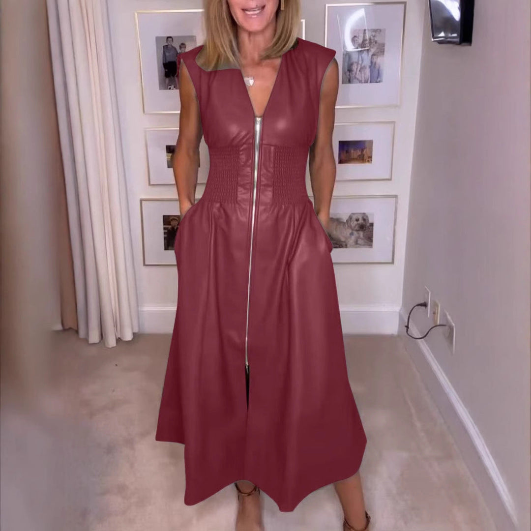 Damen Ärmelloses V-Ausschnitt PU Lederkleid mit Reißverschluss