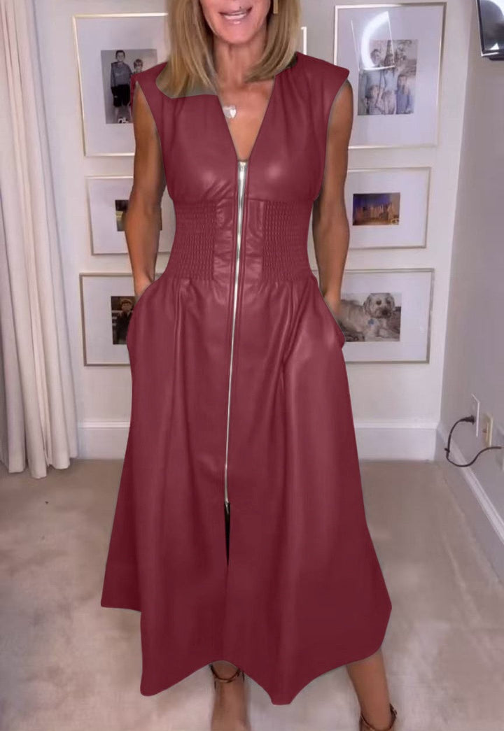 Damen Ärmelloses V-Ausschnitt PU Lederkleid mit Reißverschluss