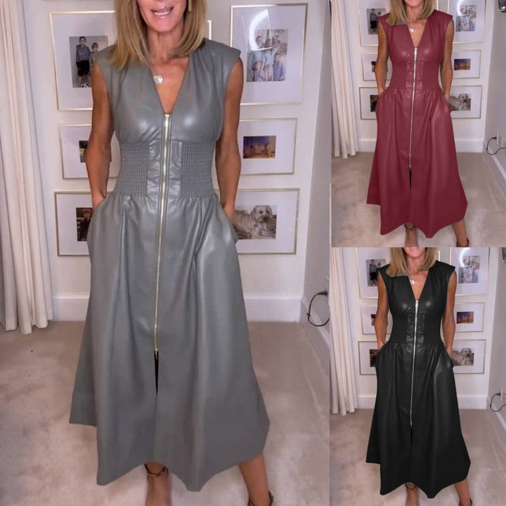Damen Ärmelloses V-Ausschnitt PU Lederkleid mit Reißverschluss