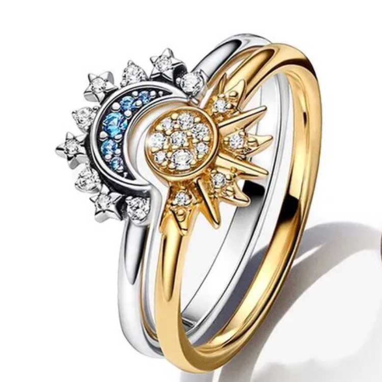 Gold- und Silberring mit Sonnen- und Mondmotiv, Diamantakzente, Damen-Schmuck, elegant.