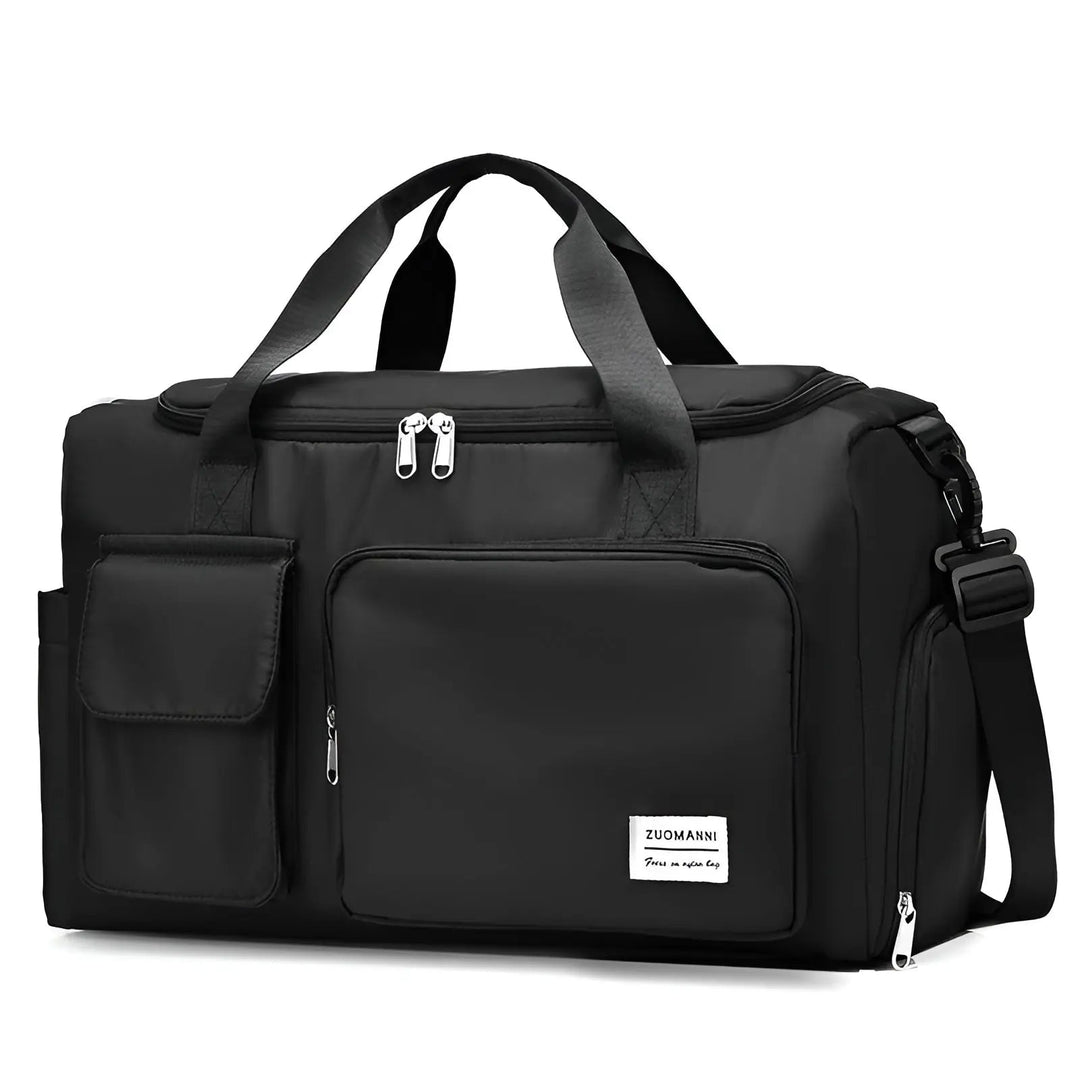 Schwarze Reisetasche aus Nylon mit mehreren Fächern und Schultergurt.