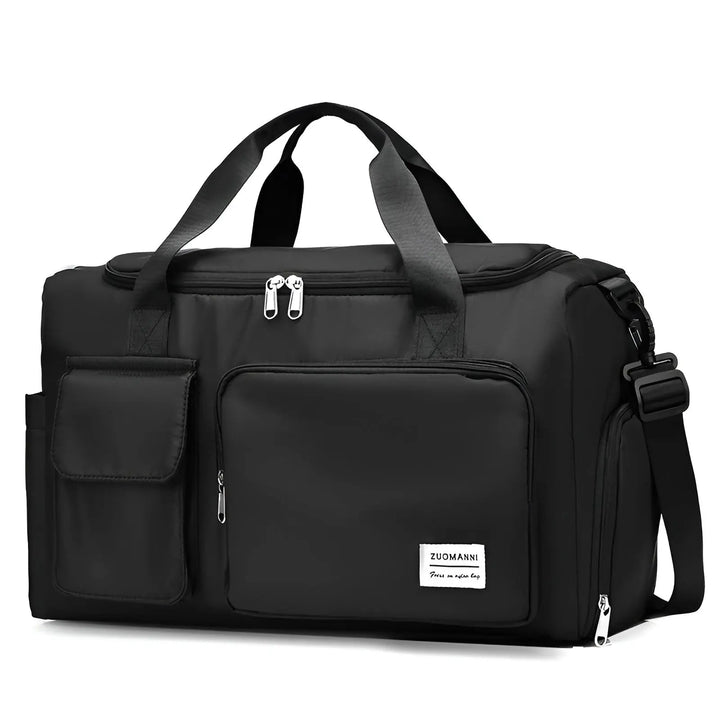 Schwarze Reisetasche aus Nylon mit mehreren Fächern und Schultergurt.