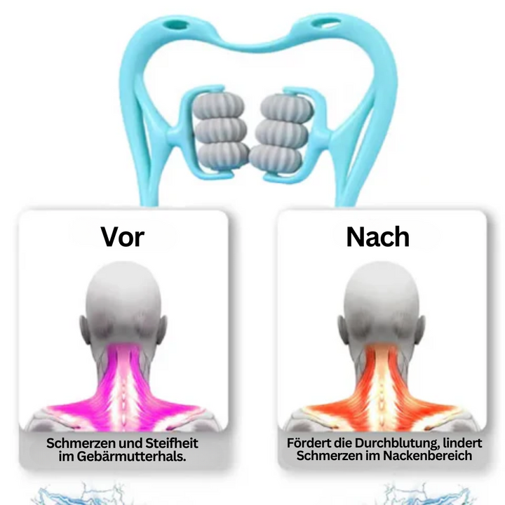 Blauer Nackenmassage-Roller, lindert Schmerzen, verbessert Durchblutung, Vorher-Nachher-Vergleich.