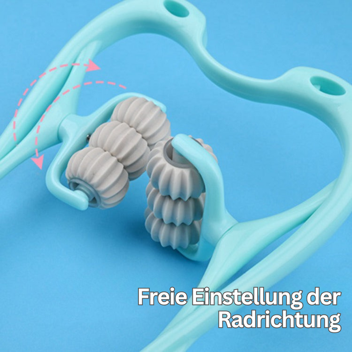 Hellblauer Massage-Roller mit verstellbaren grauen Rollen auf blauem Hintergrund.