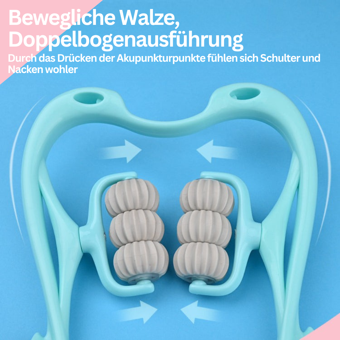 Türkiser Nackenmassagegerät mit doppelten Walzen für Akupressur und Entspannung.