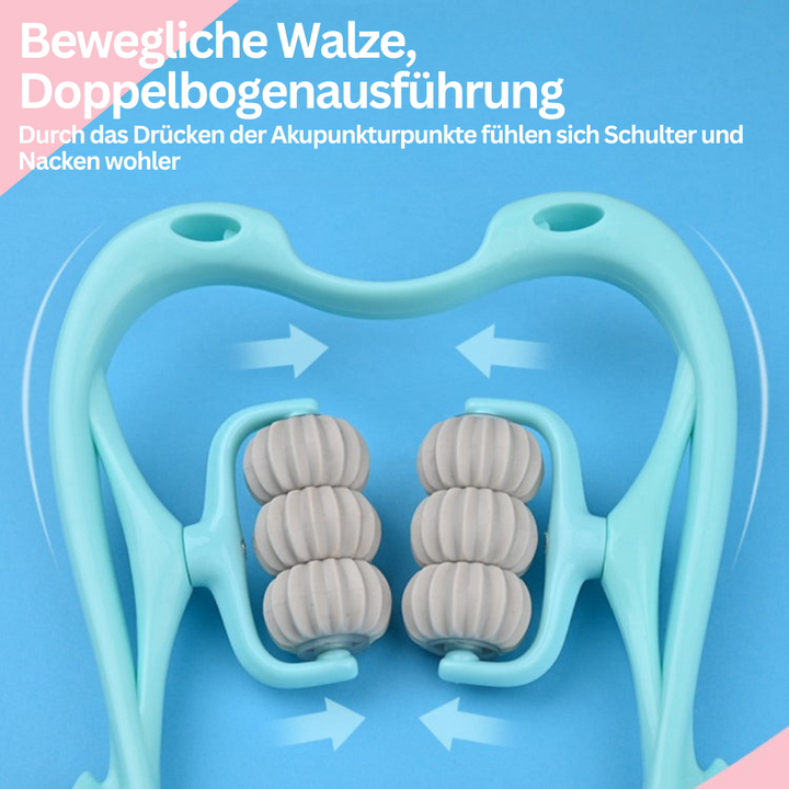 Türkiser Nackenmassagegerät mit doppelten Walzen für Akupressur und Entspannung.