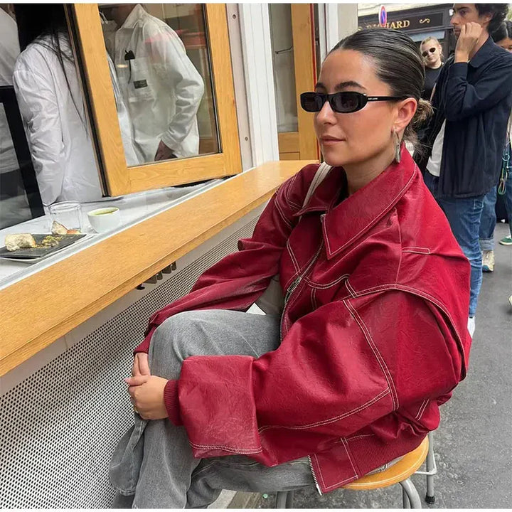 Damen Oversize Rote Lederjacke - Trendfarbe