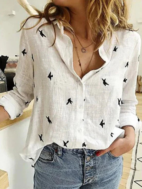 Damen Baumwoll-Leinen Bluse mit langen Ärmeln