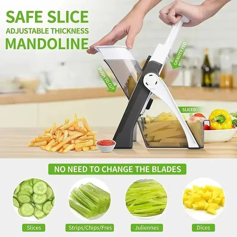 Sichere Mandoline Gemüseschneider, einstellbare Dicke, schwarz-weiß, für Scheiben und Julienne.