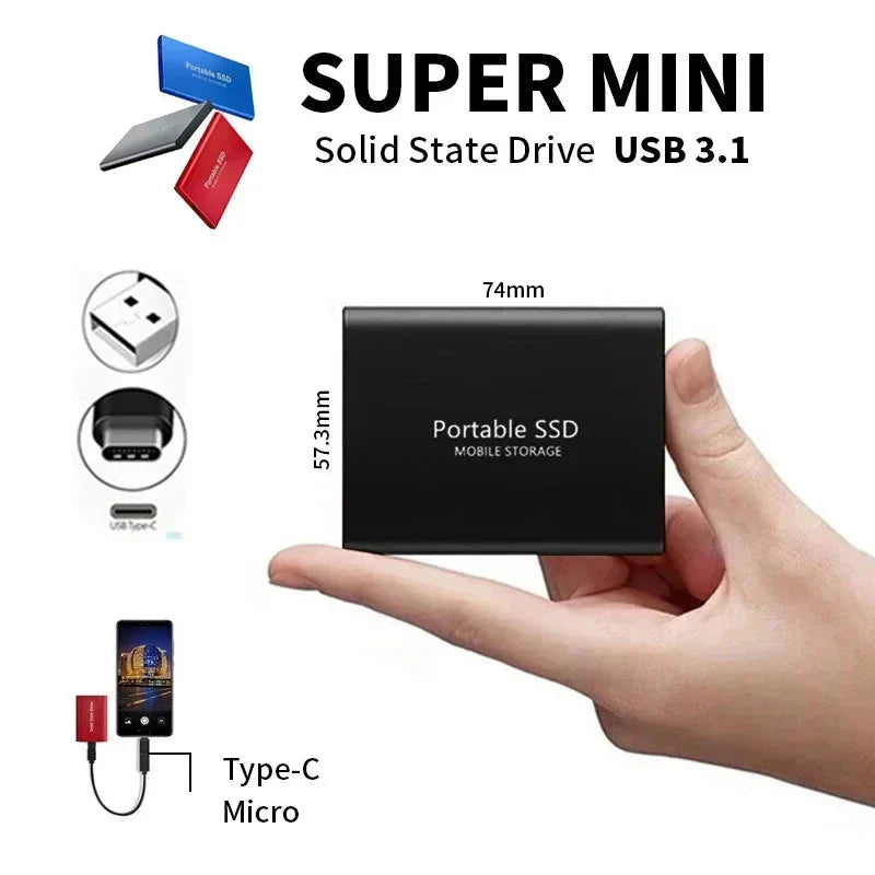 Schwarze tragbare SSD 2TB, USB 3.1, kompakt, mobile Speicherung, Typ-C, Micro-Anschluss.