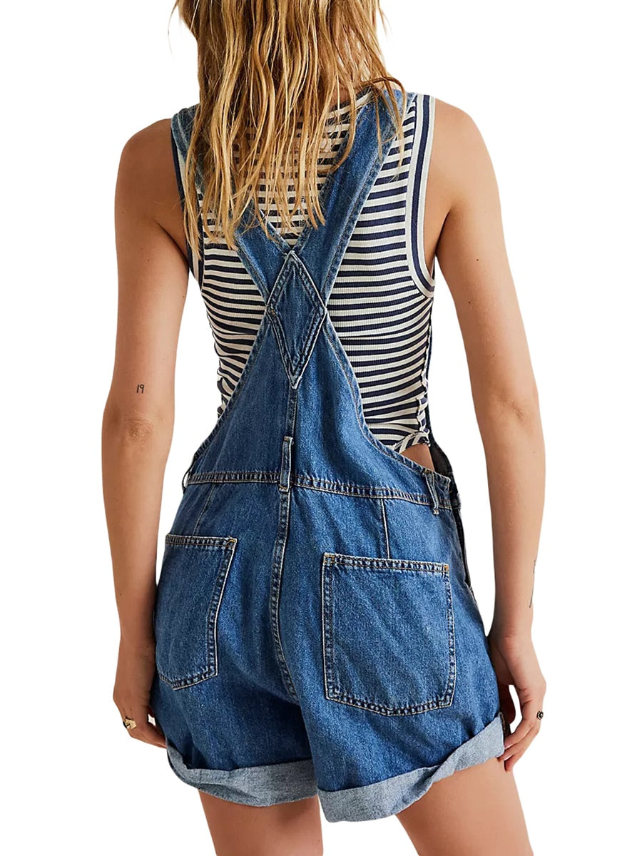 Damen Ärmelloser Denim Jumpsuit mit Verstellbaren Trägern