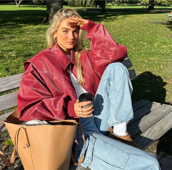 Damen Oversize Rote Lederjacke - Trendfarbe