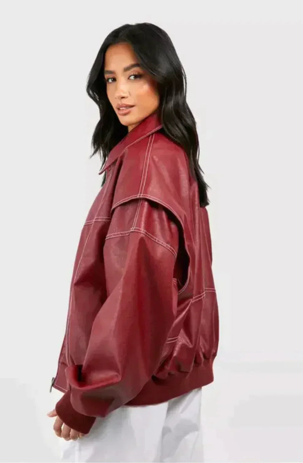Damen Oversize Rote Lederjacke - Trendfarbe