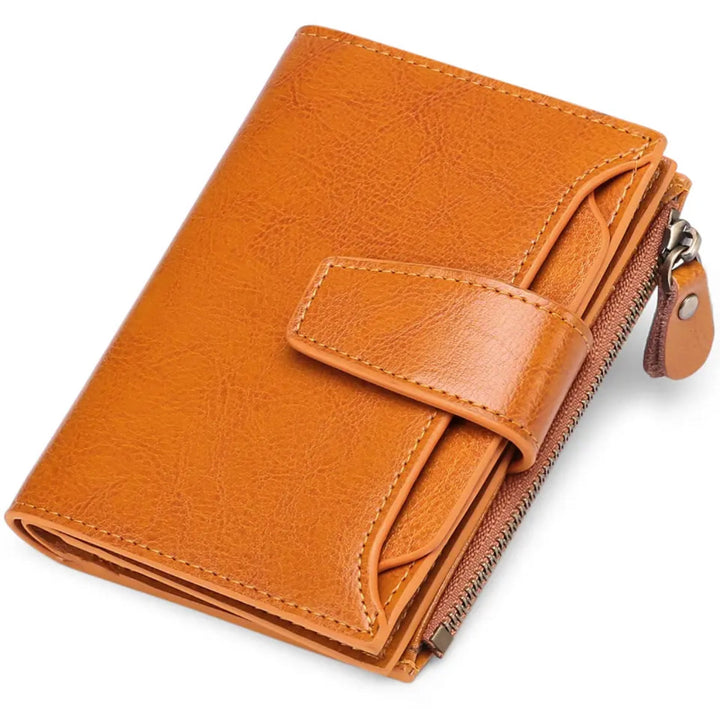 Braune Leder-Geldbörse mit Reißverschluss und Druckknopf, stilvoll und kompakt für Damen.
