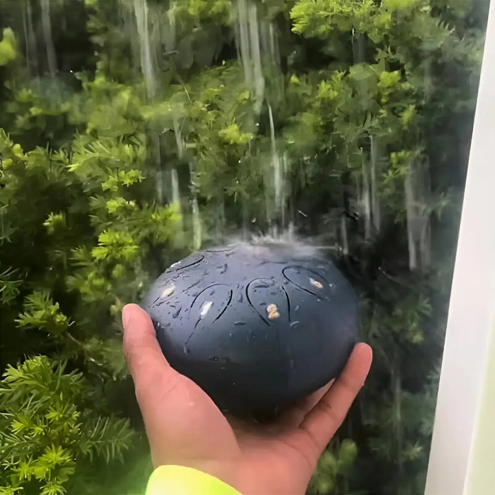 Hand hält blaue Stahlzungentrommel im Regen, umgeben von grünen Pflanzen.