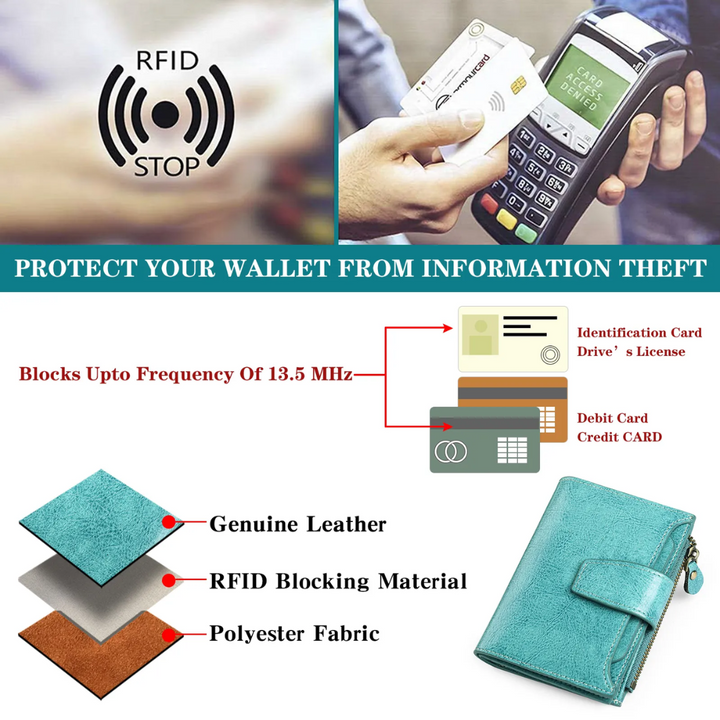 Türkisfarbene RFID-blockierende Geldbörse aus echtem Leder, multifunktional, sicher.