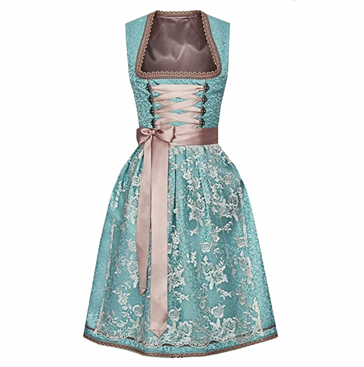 Damen Tracht mit Schürze und Bluse, Türkis-Rosé/Grau-Rosé