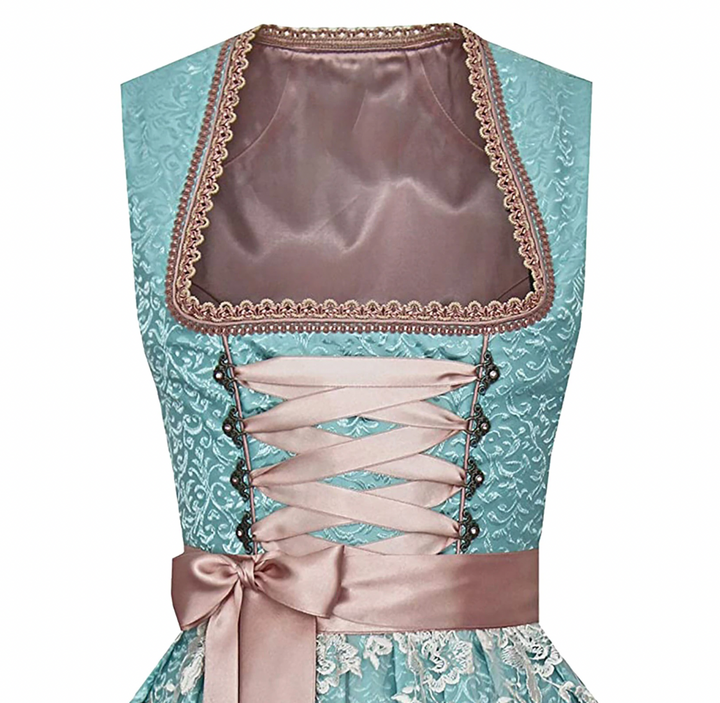 Damen Tracht mit Schürze und Bluse, Türkis-Rosé/Grau-Rosé