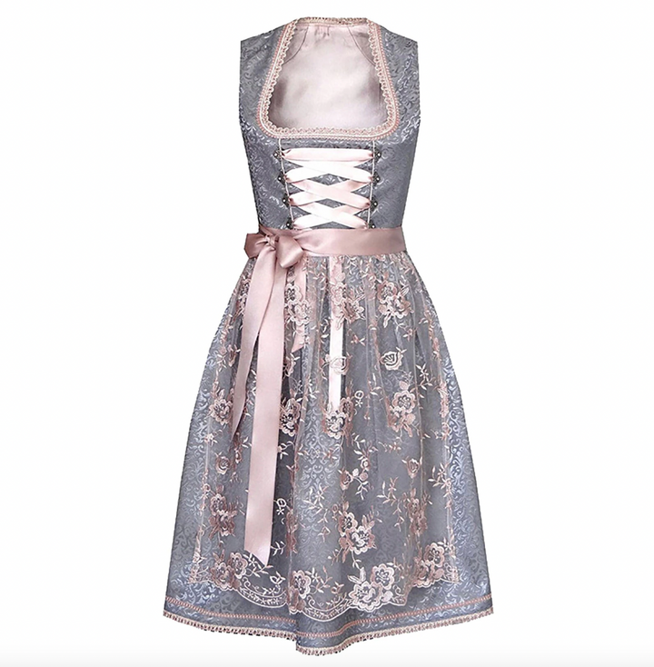 Damen Tracht mit Schürze und Bluse, Türkis-Rosé/Grau-Rosé