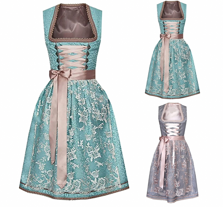 Damen Tracht mit Schürze und Bluse, Türkis-Rosé/Grau-Rosé