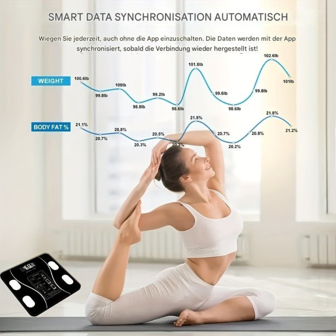 Frau in Yoga-Pose mit digitaler Waage, Körperfettanalyse, Gewichtskontrolle, Fitness, Gesundheit.