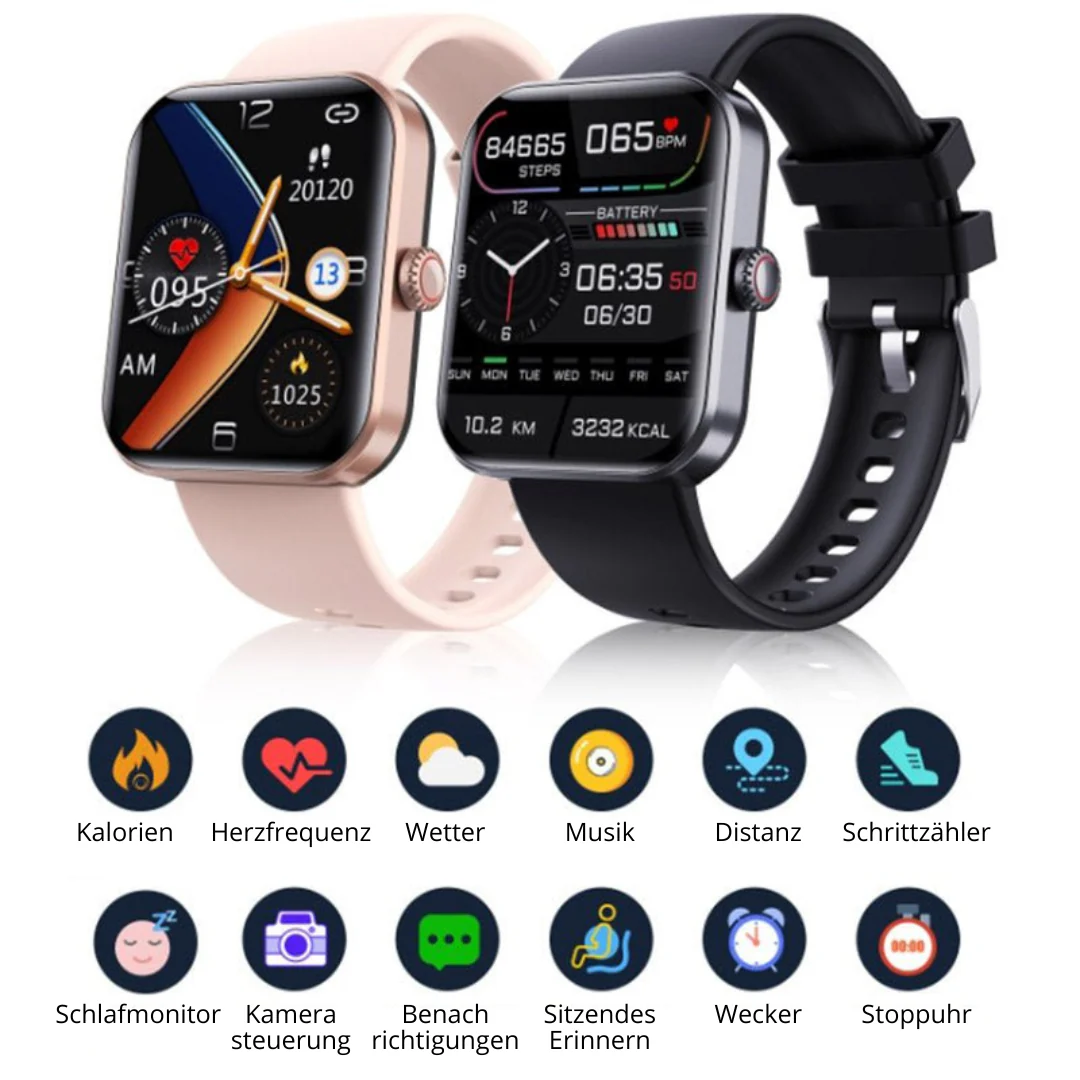 Smartwatch in Roségold und Schwarz, Fitness-Tracker, Herzfrequenz, Schlafmonitor, Schrittzähler.