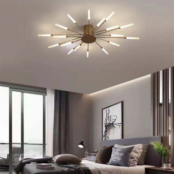 Moderne LED-Deckenleuchte im Schlafzimmer, sternförmiges Design, warmweißes Licht.