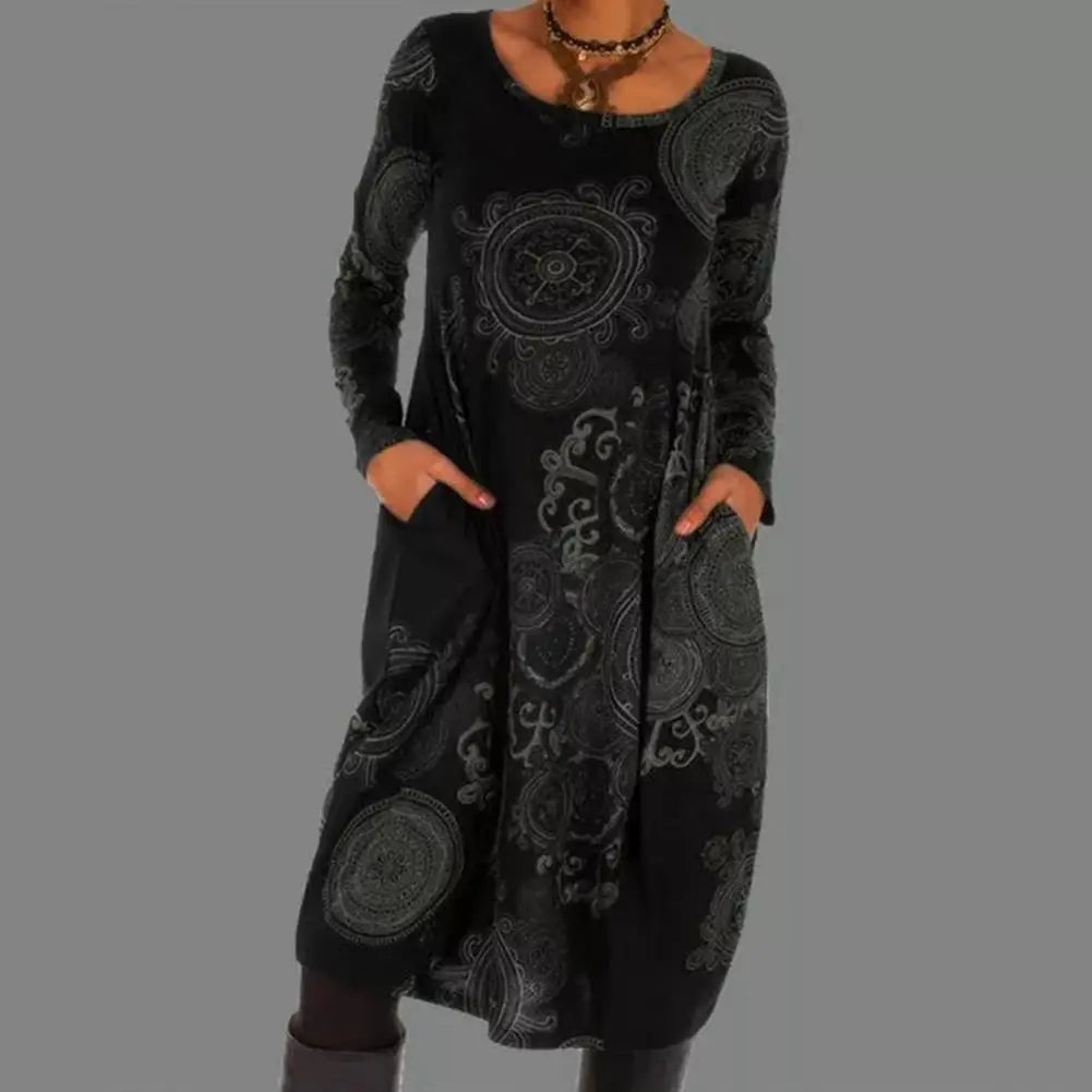 Damen Bohemian Kleid mit Rundhals und Fließender Passform