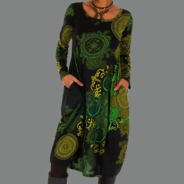 Damen Bohemian Kleid mit Rundhals und Fließender Passform