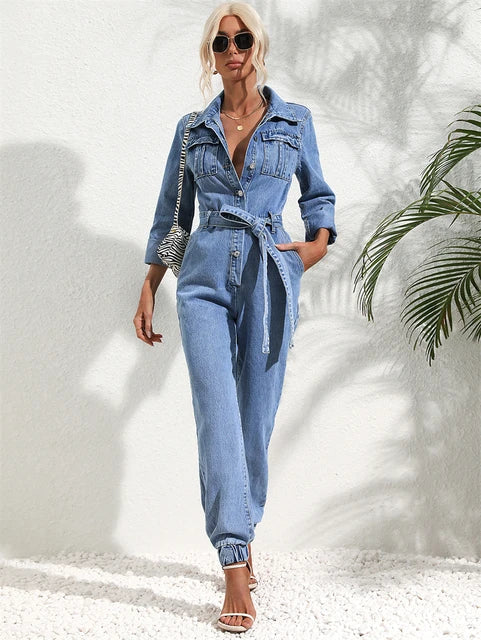 Lässiger Damen-Denim-Jumpsuit mit Gürtel und langen Ärmeln
