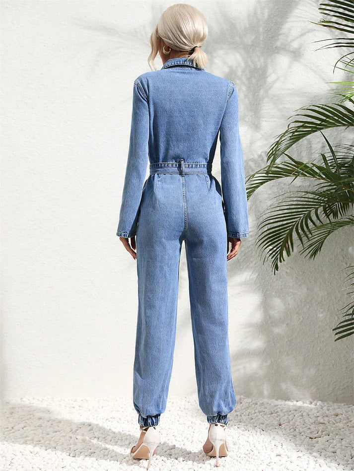 Lässiger Damen-Denim-Jumpsuit mit Gürtel und langen Ärmeln