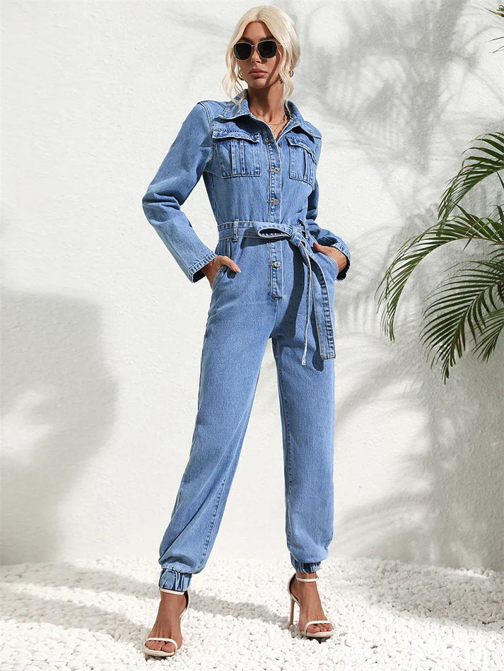 Lässiger Damen-Denim-Jumpsuit mit Gürtel und langen Ärmeln