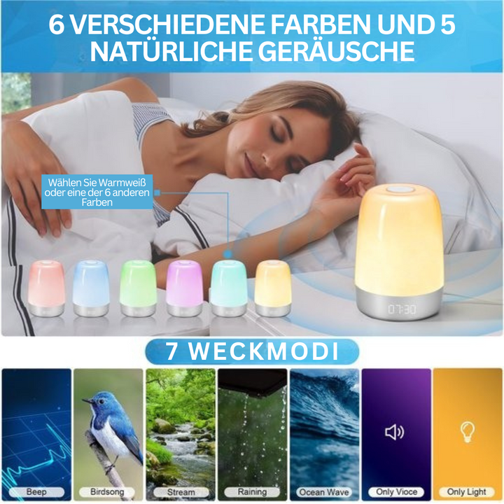Wecker mit Sonnenaufgangssimulation, 6 Farben, 5 Naturgeräusche, LED-Licht, Schlafhilfe.
